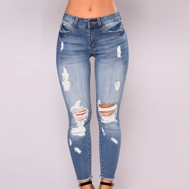 High Waist Elastic Ripped Jeans Women