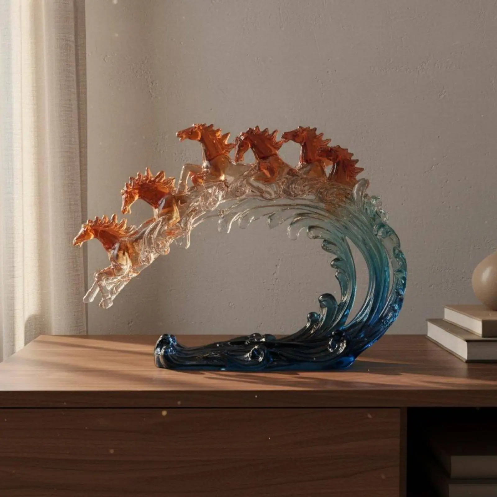 

8 Horses on Wave Figurine Bright Luxury Design 8 Horse Sculpture Feng Shui Horse Statue Positive Energy Running Horses Statue