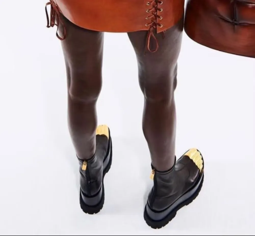 

Runway Style Black Leather Mid-Calf Platform Boots Gold Metal Toe Cap Detail Thick Chunky Lug Sole Zipper Closure Fashion Boots