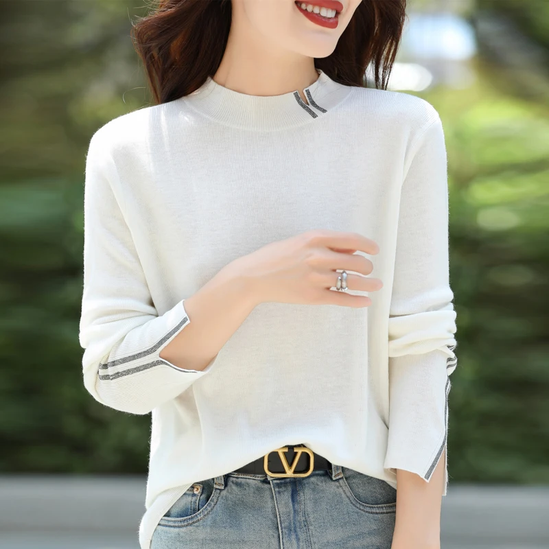 Autumn Winter New Knitted Shirt Women's Half High Neck Long Sleeve Loose Hot Diamond Splicing Fashion Style Knitted Bottom Shirt