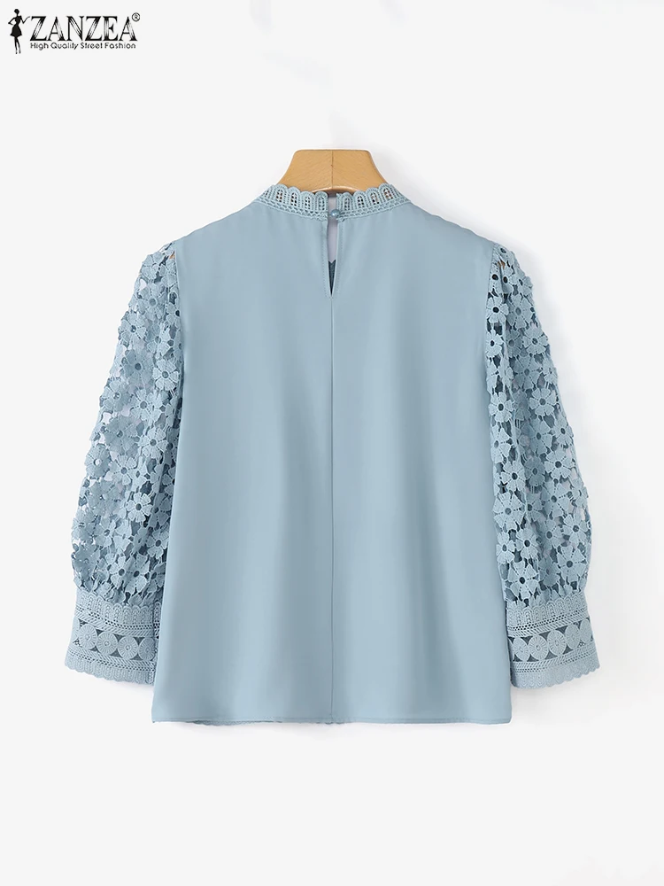 ZANZEA Elegant Lace Blouse Women 3/4 Puff Sleeve Solid Color Tunic Tops 2025 Autumn O-Neck See-through Casual Office Lady Shirts