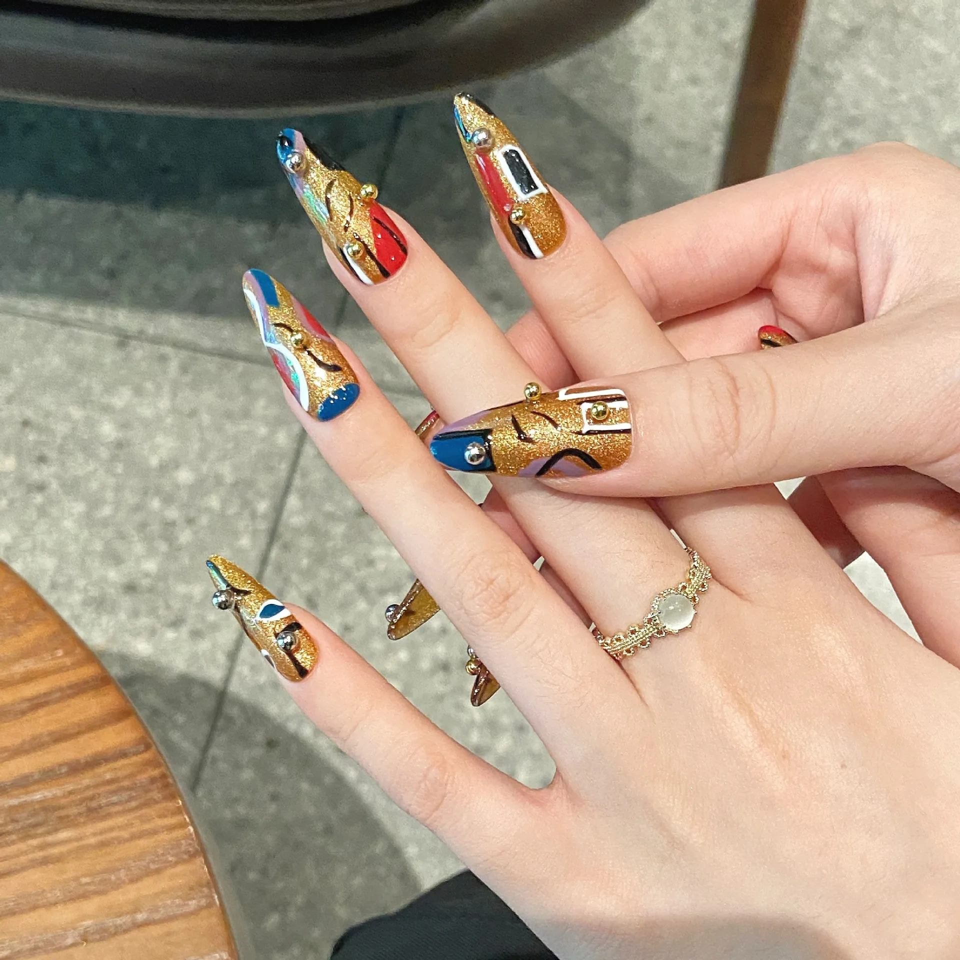Handmade Press on Nails Vintage Egyptian Hand paint Line Fake Nail Tips Wearable Detachable Colorful Long Almond False Nail Tips