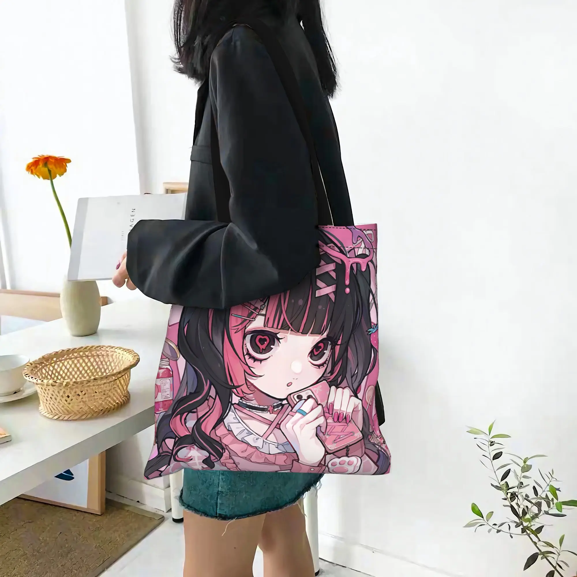 Bags For Woman Colorful Anime Girl Shopping Bag Its bags Reusable Double Sided Canvas Tote Bag Shoulder  Handbag