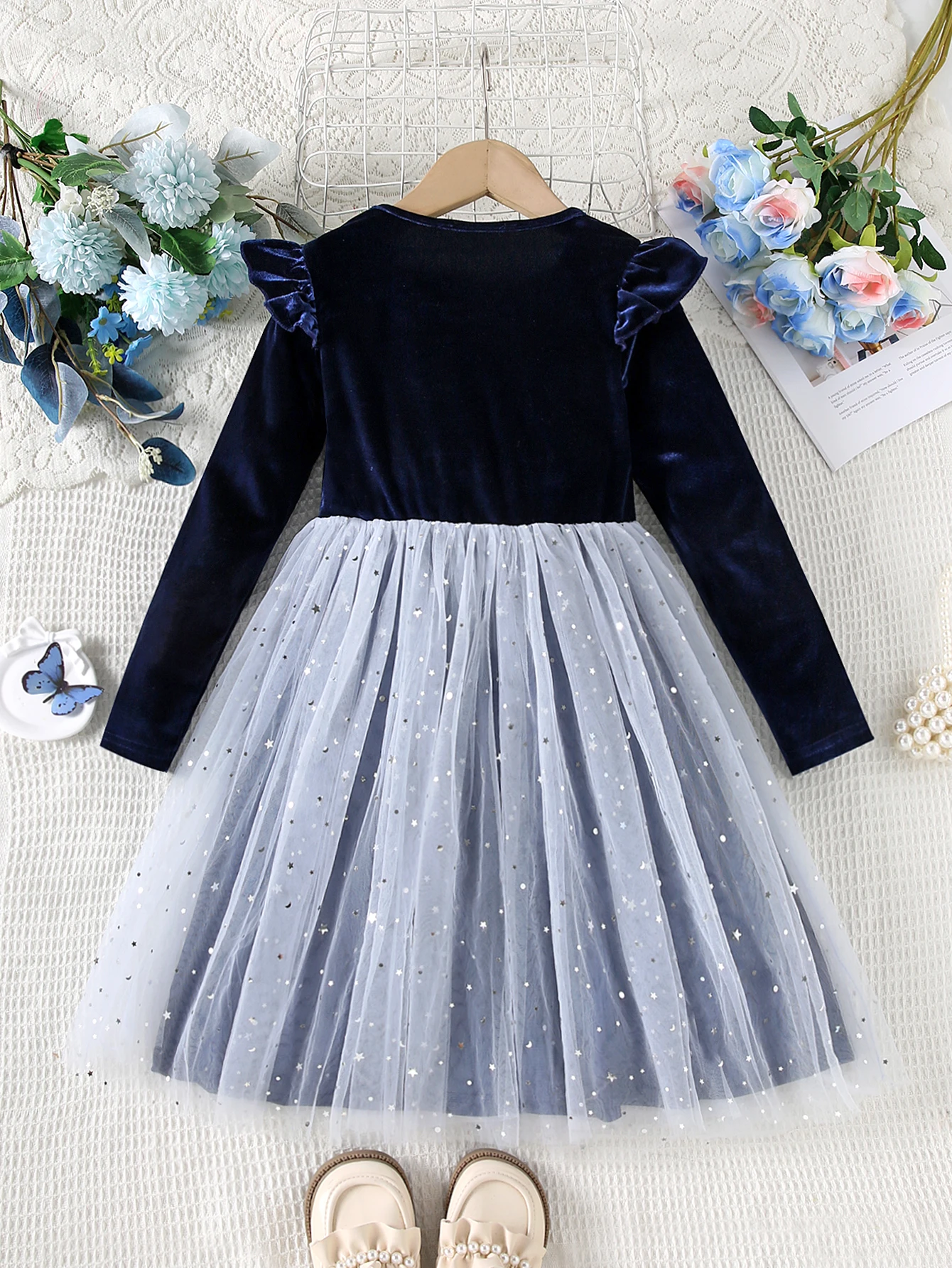 Toddler Tutu Dresses Little Girls Velvet Tulle Fall Winter Long Sleeve Ruffle Holiday Party Dress