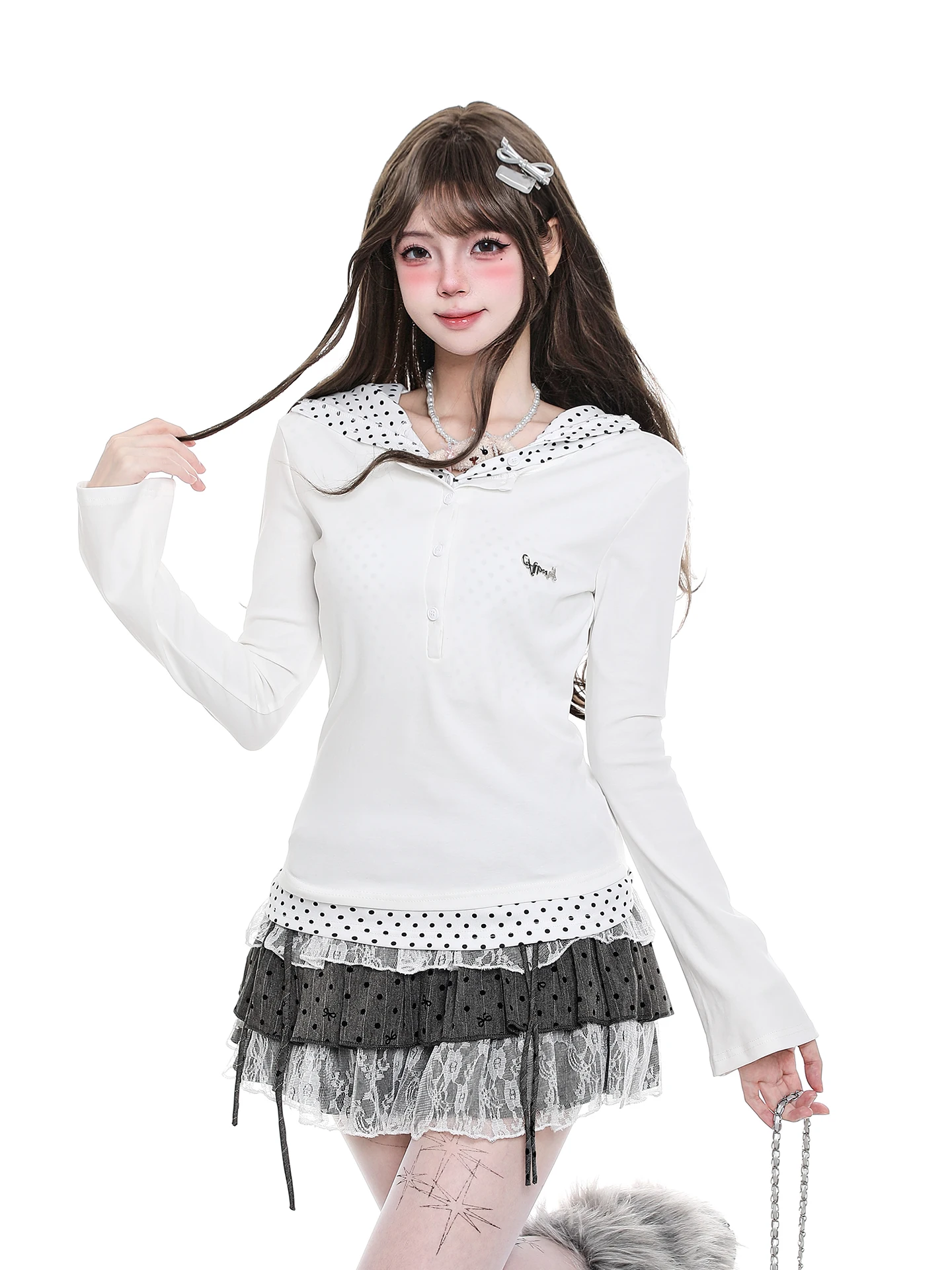 Sweet Spicy Polka Dot Letter Print Hooded Long Sleeve Women's T-shirt Autumn Design Unique Versatile Slimming Trendy Top