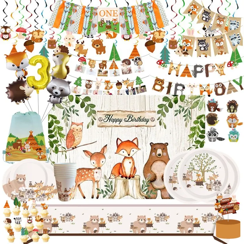 Woodland Animal Disposable Tableware Wild Forest Bear Fox Plate Cup Napkin Jungle Safari Happy Birthday Party Decor Kid Boy Girl