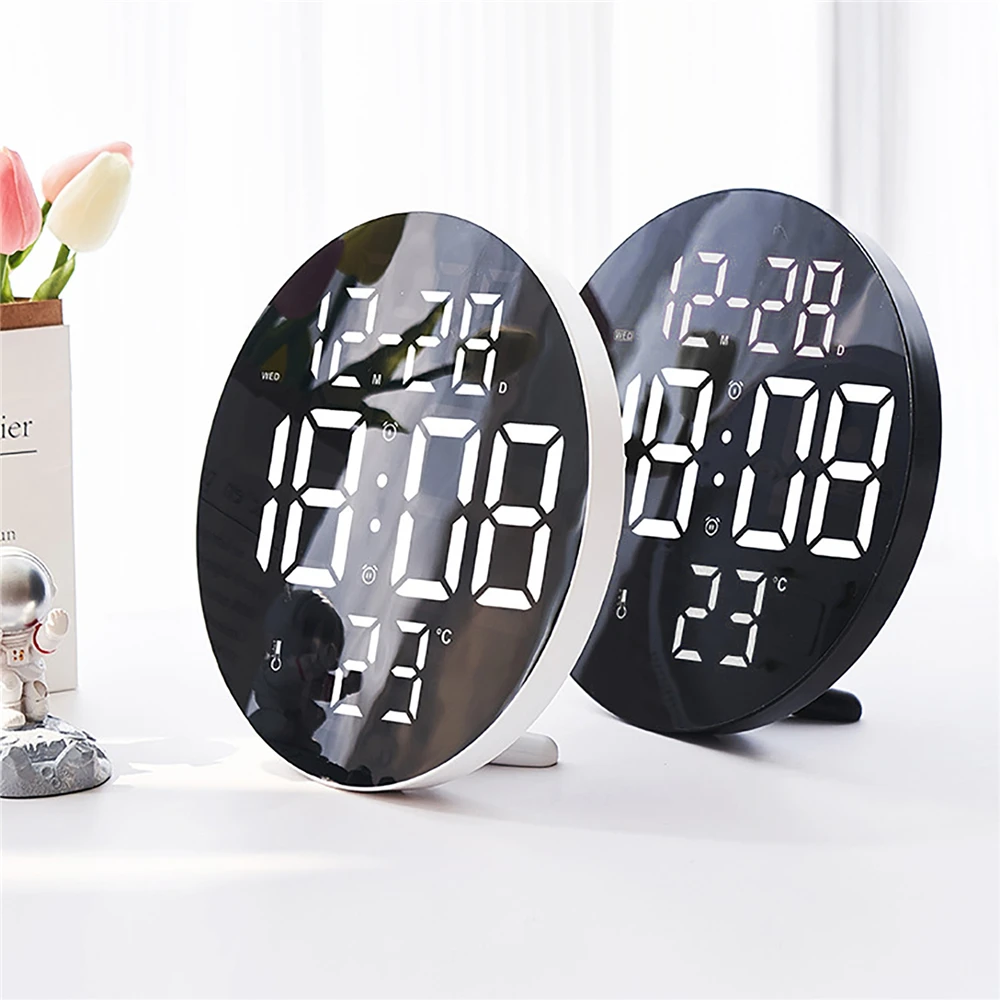 

Round LED Digital Wall Clock Temperature Date Day Display Electronic Alarm Clock with Remote Control for Bedroom Living Room