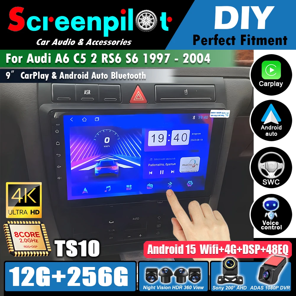 Carplay Auto Android 16 For Audi A6 C5 2 RS6 S6 1997 - 2004 Video Player 5G+GPS Car Radio Navigation Multimedia Mirror Link