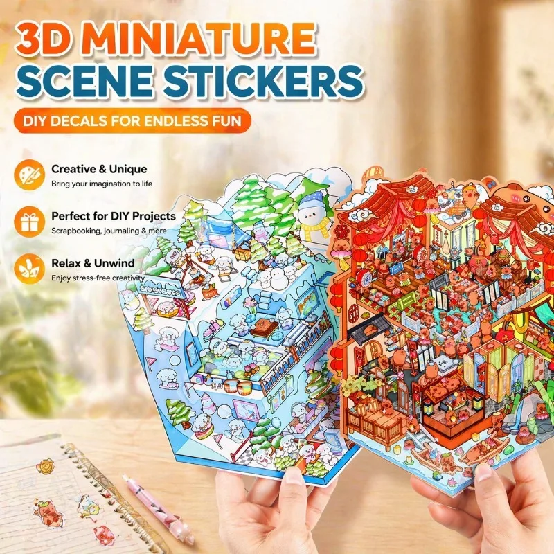 Creative Oversized Ancient Style Scene Stickers 3D Stereo Miniature Landscape Design Cute Cartoon Visuals Relaxing Stress Relief
