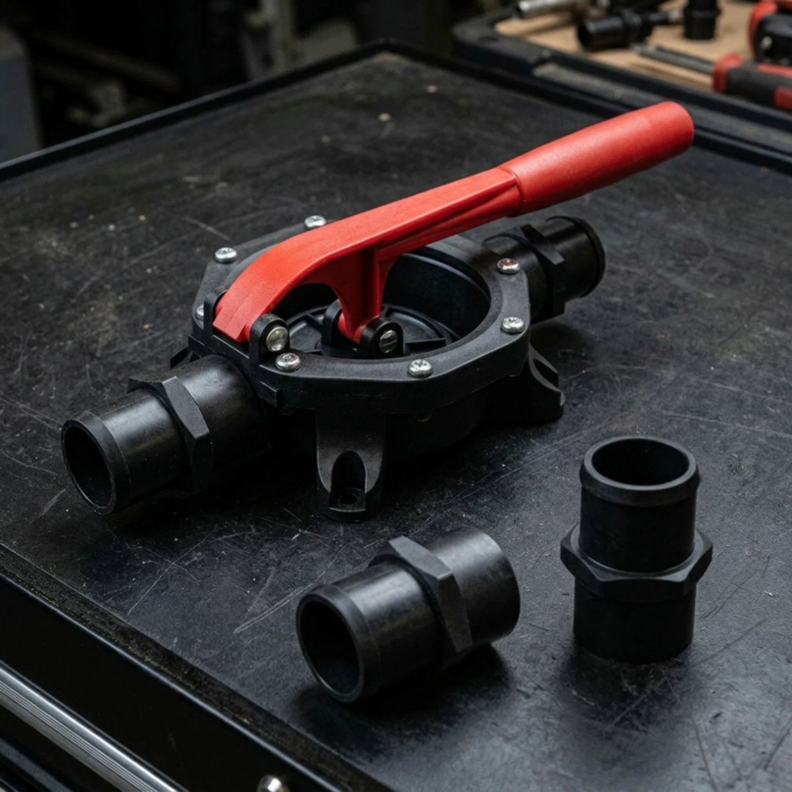 

Manual Diaphragm Hand Pump Glass-Filled Polypropylene Manual Diaphragm Pump Red Lever Handle 1.5-Inch Hose Connections