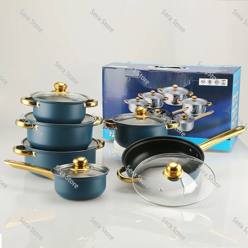 Stainless Steel 12-piece Pot Set, Soup Pot Non-stick Frying Pan, Milk Pot Gold-plated Handle