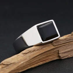 Gothic Punk Stainless Steel Square Top Stamp Finger Rings For Men Women Fashion Classic Black Stone Ring Couple Party Jewelry