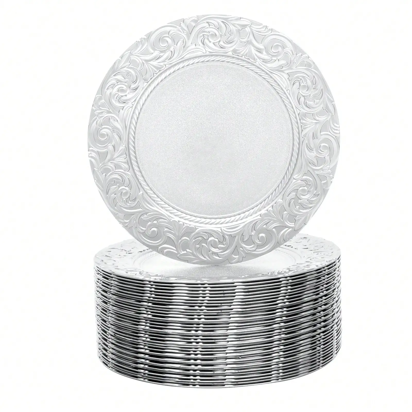 WOBENFOG 100Pcs Antique Charger Plates Bulk, 13'' Plastic Embossed Dinner Plate Charger, Round Floral Plate, Table Decoration Dinner Charger For Birthday Parties, Holidays, Weddings, Banquets, Restaurants