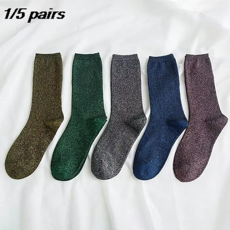 1/5 Pairs Fashion Shiny Glitter Striped Streetwear Trendy Rocks Sparkled Bright Color Women Socks Cute Kawaii Winter Warm Socks