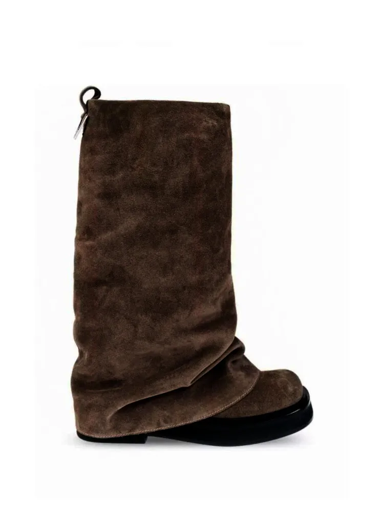 Women's New Autumn and Winter Calf Boots with Pleated Thick High Heels and Fashionable Oversized Street Leather Mid Leg Boots image 6