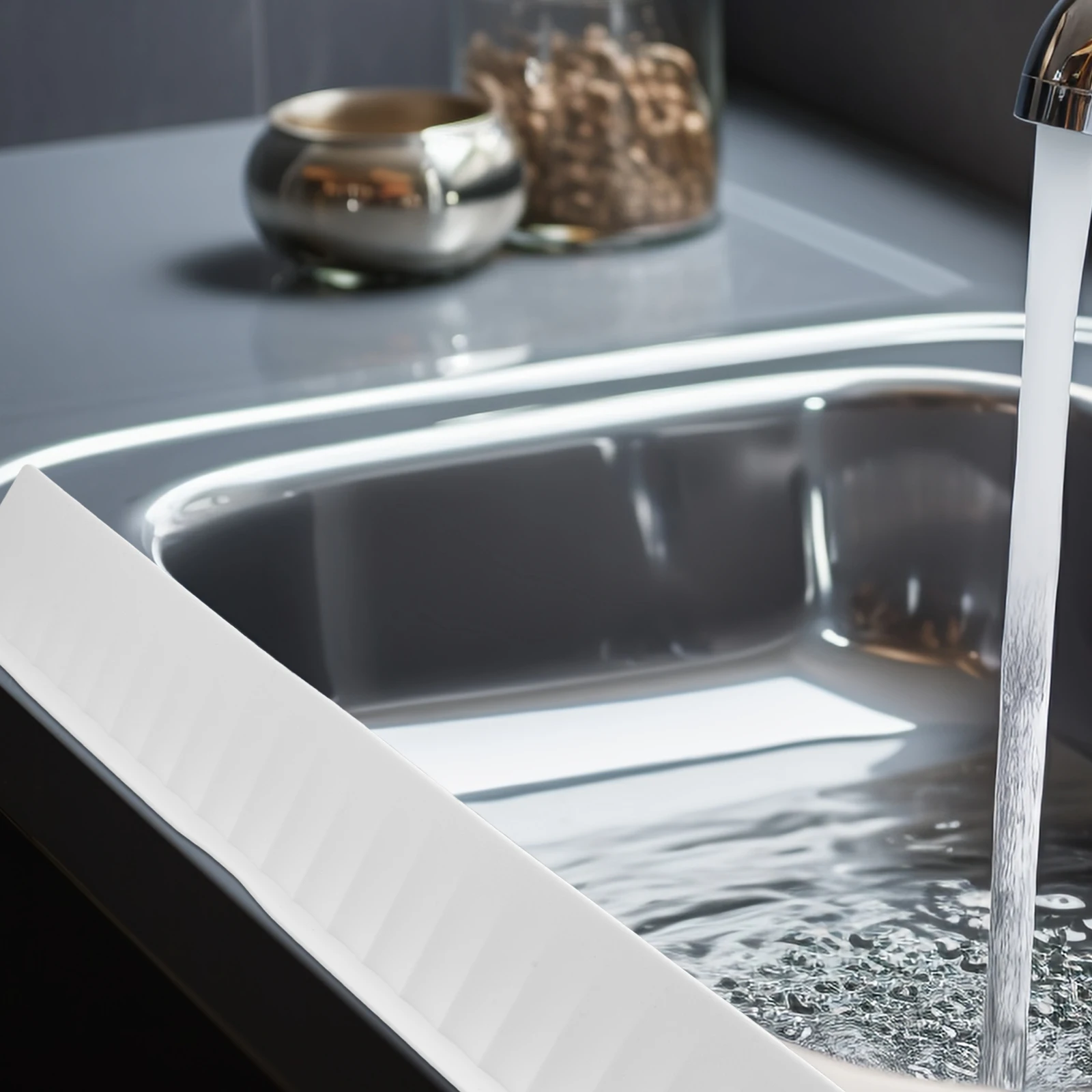 

Long White Kitchen Sink Splash Guard Silicone Faucet Edge Protector for Bathroom Area Countertops Floor Hardware