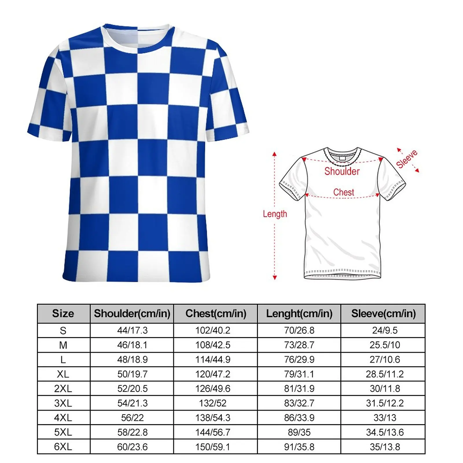 Blue And White Checkerboard T-Shirt Man Vintage Checker Print Streetwear T Shirts Original Trending Tee Shirt Short Sleeve Tops