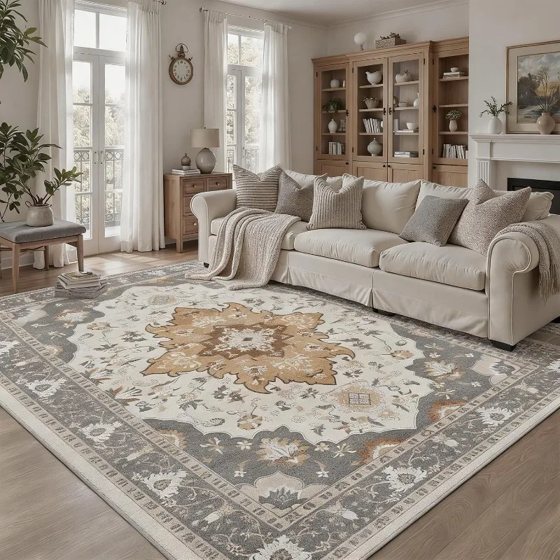 Vintage Persian Beige Coffee Distressed Pattern Carpet for Living Room Cream Mid-century Style Rug Washable Anti-slip Floor Mat