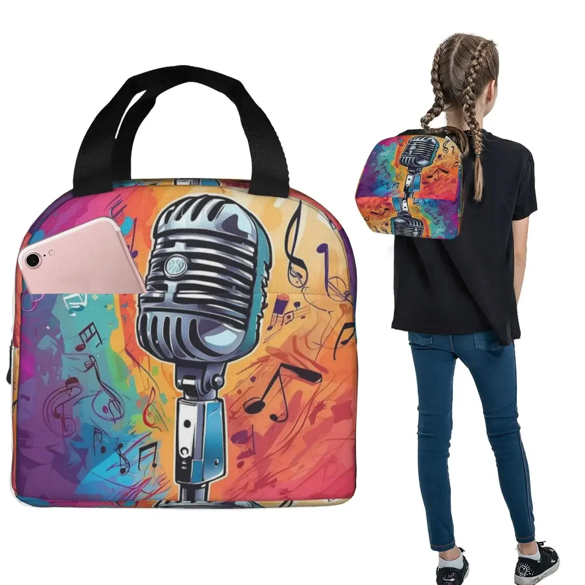 

Термосумка для обедов Microphone Rock And Roll Rockabilly для женщин и детей, портативная сумка для еды, термосумка-тоут