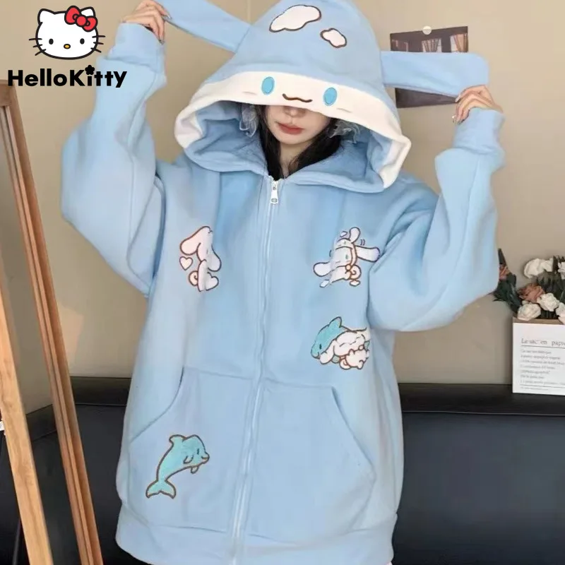 

Sanrio Cinnamoroll Printed Hooded Sweetheart Women's Cute Autumn and Winter New Loose Korean Coat Zipper Cute Cartoon Jackets