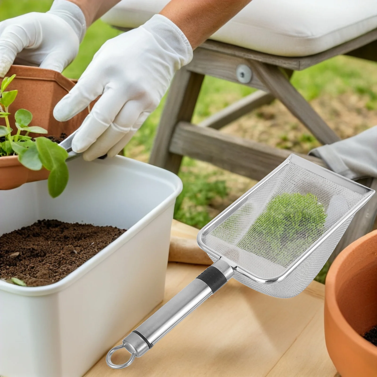 

Stainless Steel Garden Soil Sifter Deep Scoop 5Mm Mesh Compost Screen Potting Soil Gravel Sand Gardening Tool Cat Litter Scooper