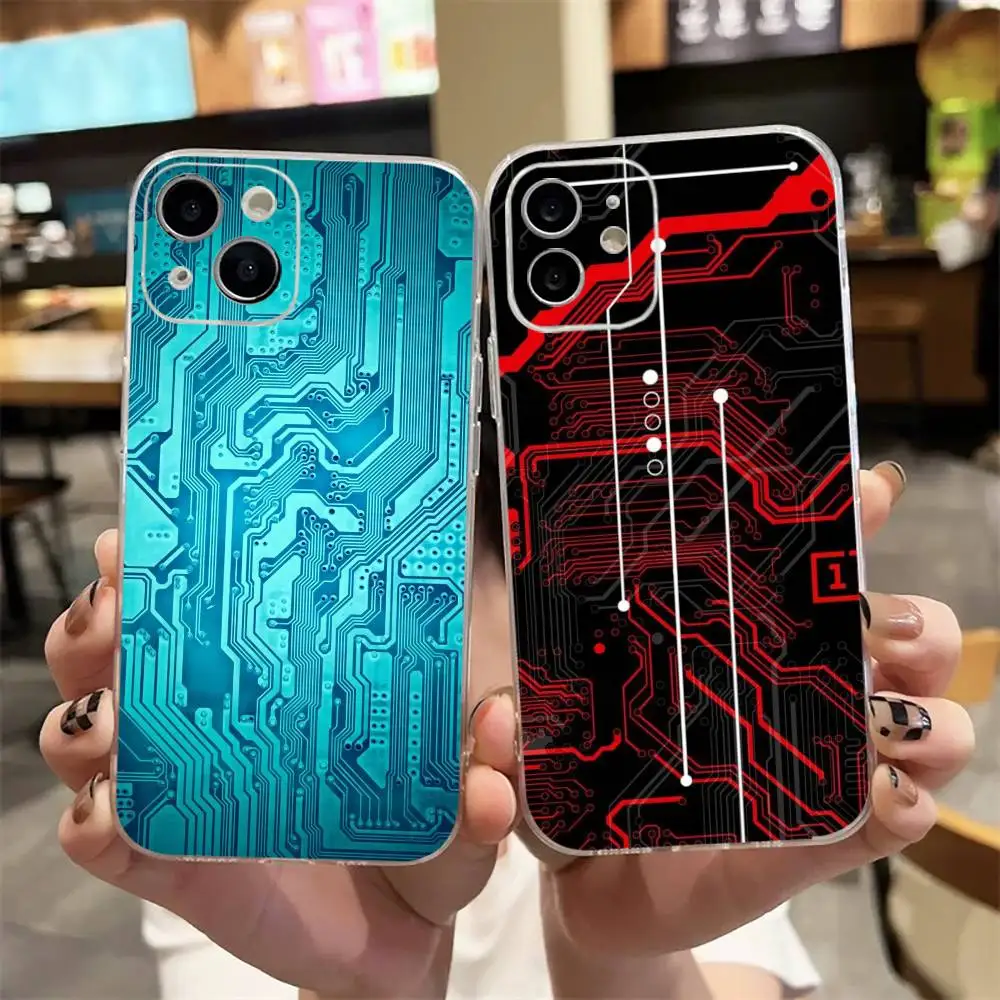 Creative Circuit Board Pattern Phone Case For iPhone17,16,15,14,13,12,11 Plus,Pro Max Soft Transparent Cover