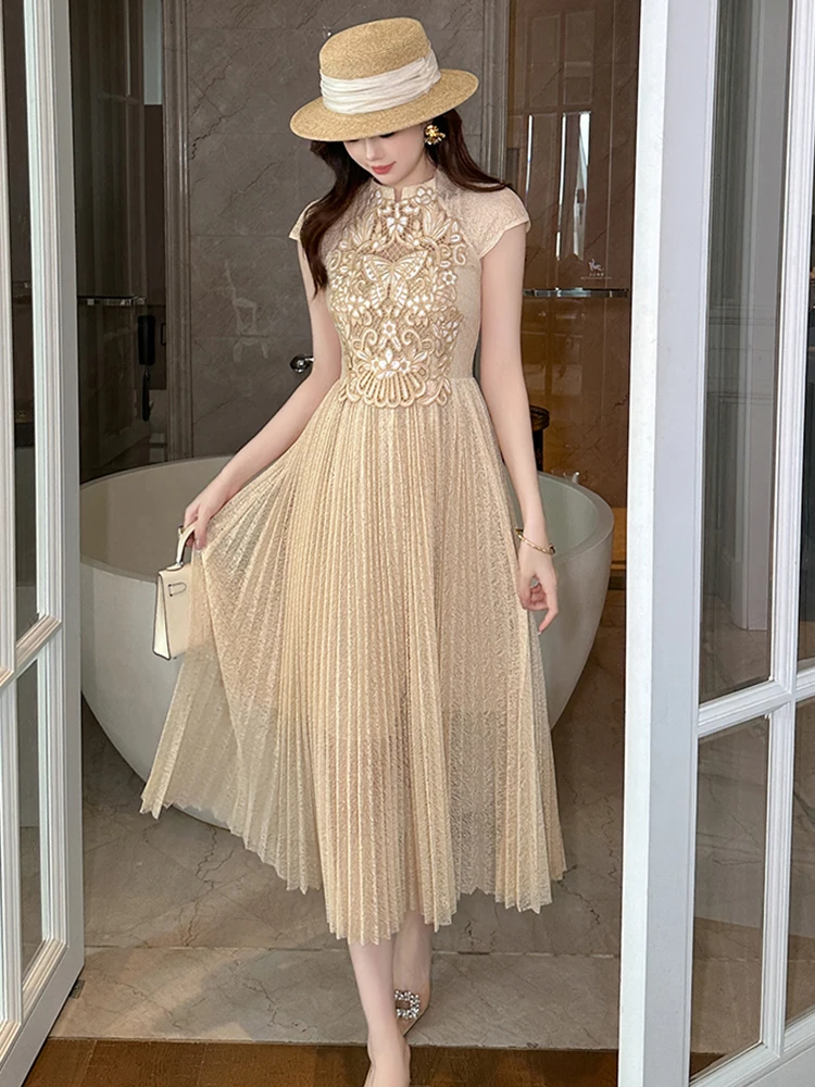 New Women Fashion French Maxi Dress Woman Sheer Lace Hook Flowers Hollow A-Line Robe Lady Party Vestidos Prom Banquet Gown Femme