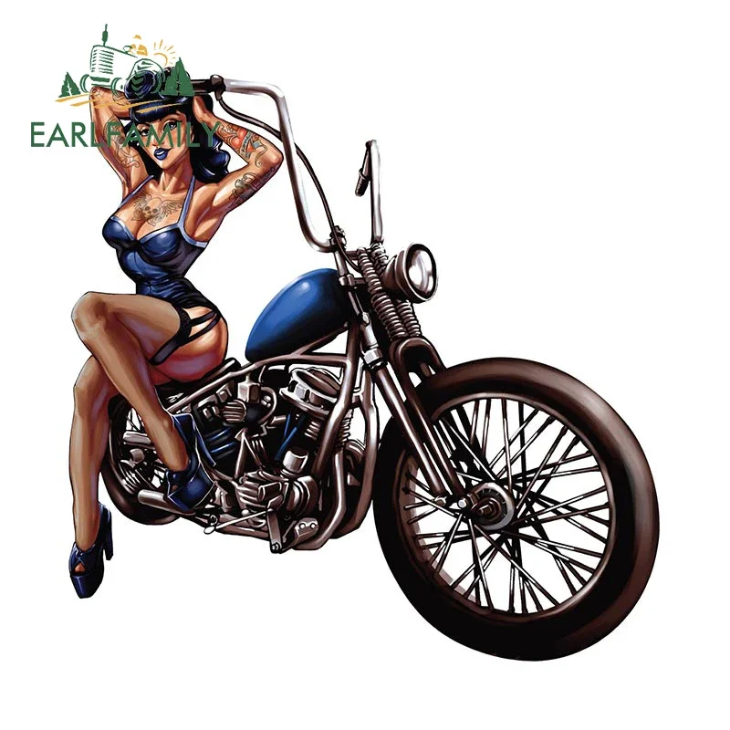 EARLFAMILY 13cm x 13cm Tattooed Pin Up Girl on Motorcycle Car Sticker Hot Rod Off-Road Decal Sexy Riders Motocross Stickers