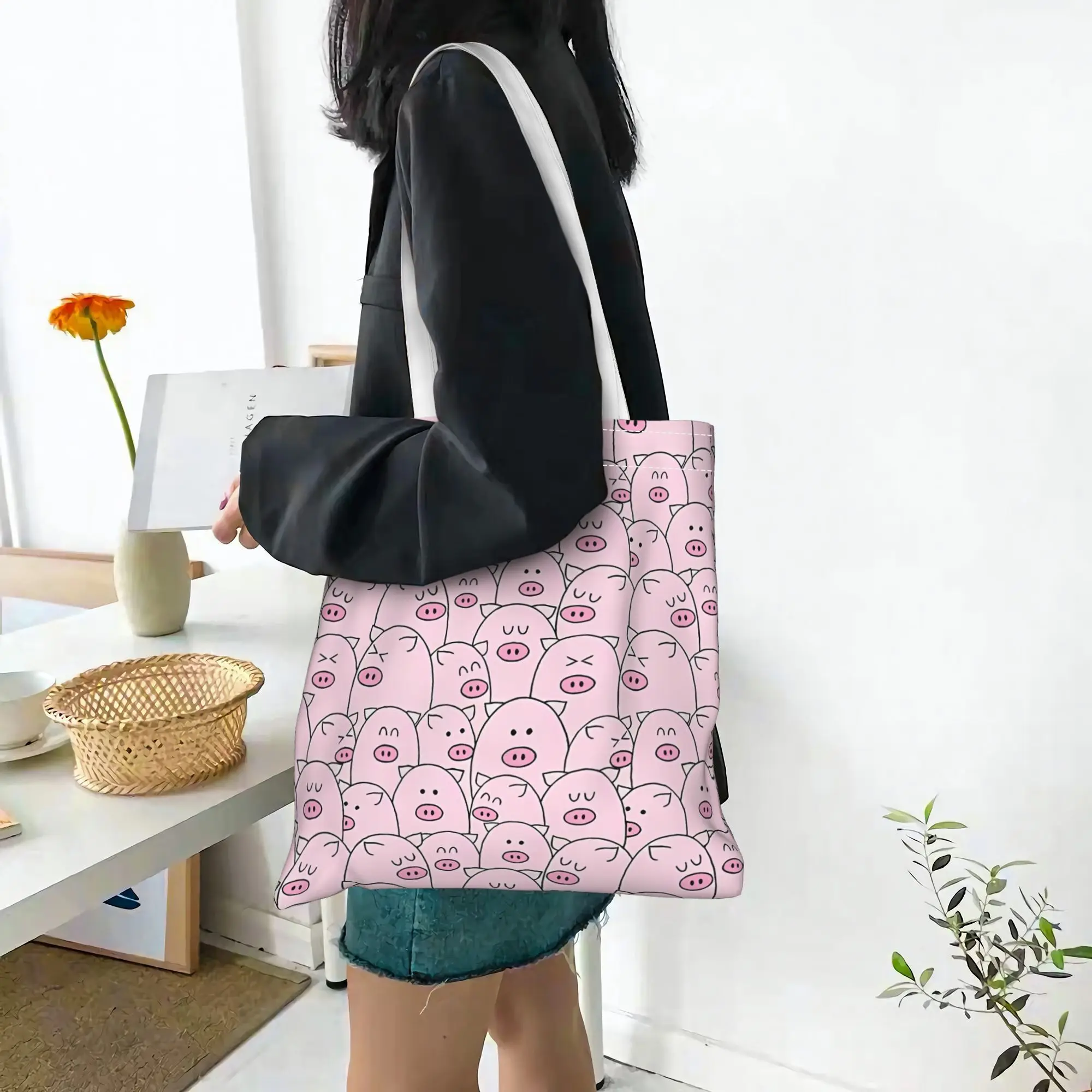 1pc Pink Pig Print Tote Bag, Reusable Shopping Bag, Suitable for Daily Use, Shopping, School, Travel, A Cute Gift for Pig Lovers