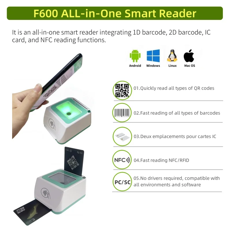 Pemindai Barcode 4 in 1 NFC EMV Kartu Kredit Kartu Pintar untuk Sistem Pembayaran F600