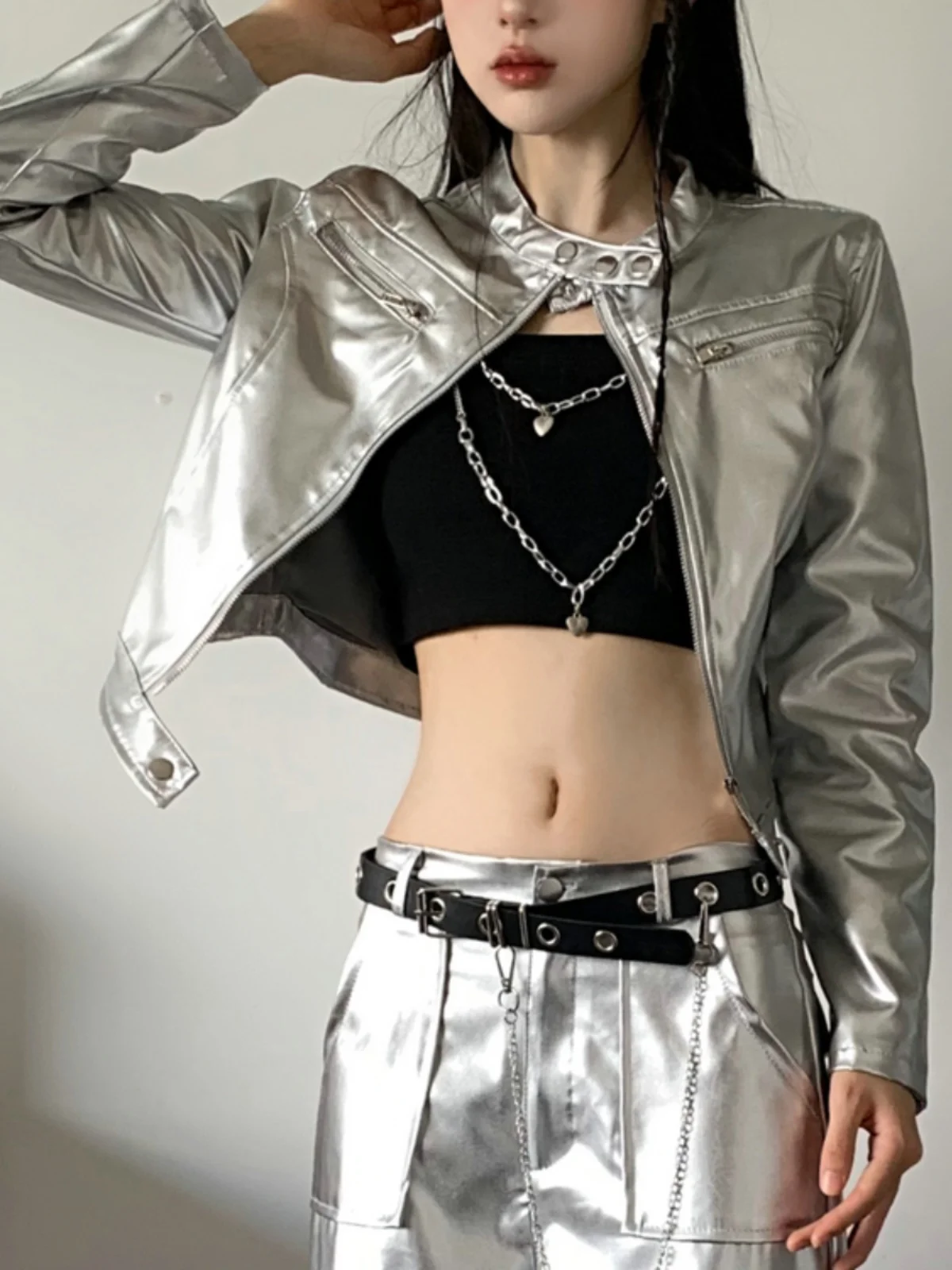 Silver Jaet Motorcycle Cool Haome Set Jazz Dance iny Outerwear Women's Faion Autumn 2025 Sequin Material