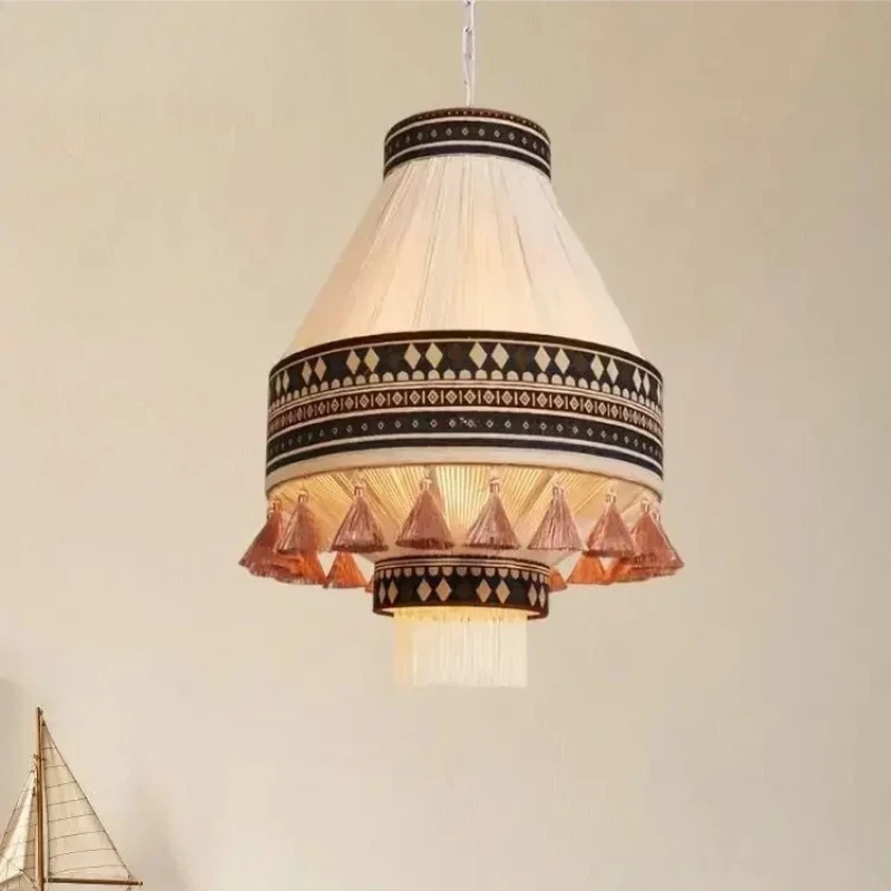 Japanese Cotton Rope Ceiling Pendant Lights Vintage Cloths Lantern-shaped Hanging Lamps For Zen Tea Room Homestay LED Chandelier