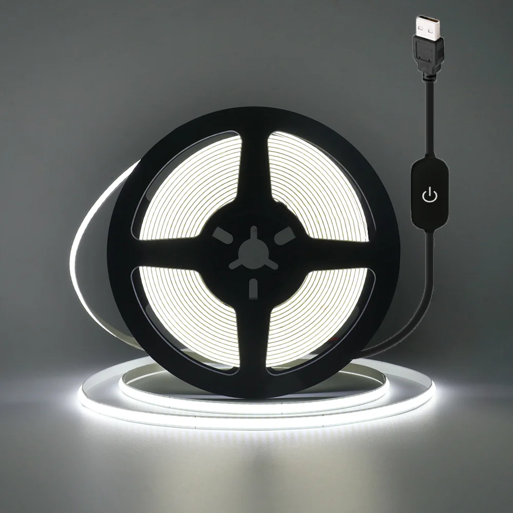 5V COB LED Strip Light with Switch 320Leds/m Dimmable FOB COB LED Tape Lights RA 90 5mm Width Flexible Ribbon Diode USB Powered