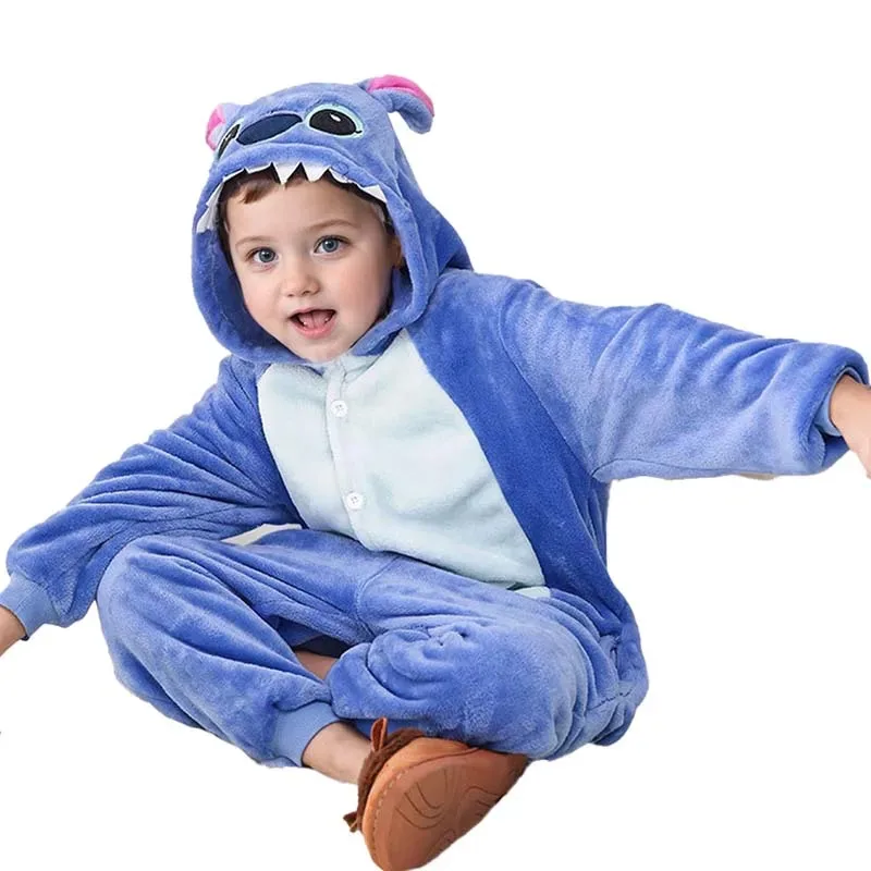 

COSda@Stitch Jumpsuit Pajamas Set Kids Cartoon Cute Flannel Hooded Sleepwear Shoes Winter Warm Costume Boy Girl Pyjamas Christma