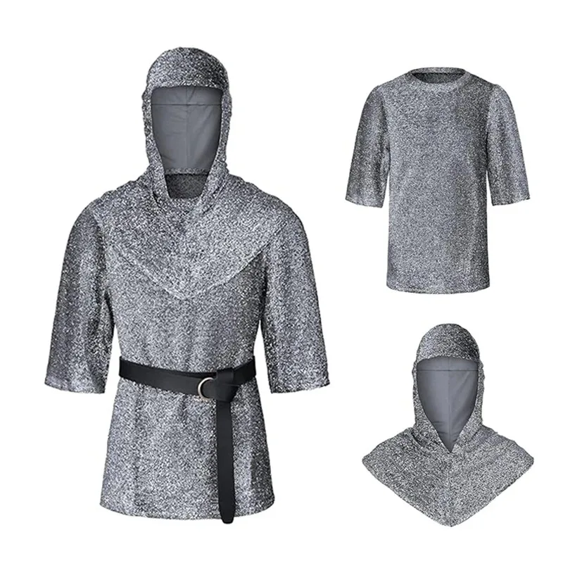 Renaissance Faux Chain Mail Armor Tunic Shirt Coif Medieval Knight Cowl Crusader Costume outfit Bracers Waist Belt Set