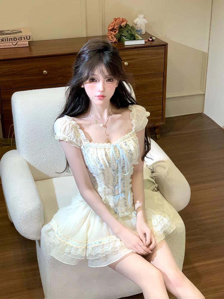 

Комплект XZY: шикарный кружевной топ с цветочным принтом и пышная юбка макси. Летний модный комплект из двух предметов больших размеров для женщин.