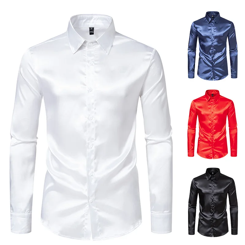 Spring and Autumn New Men's Satin Nightclub Solid Color Long Sleeve Shirt C30 Men Clothing  Shirt for Men