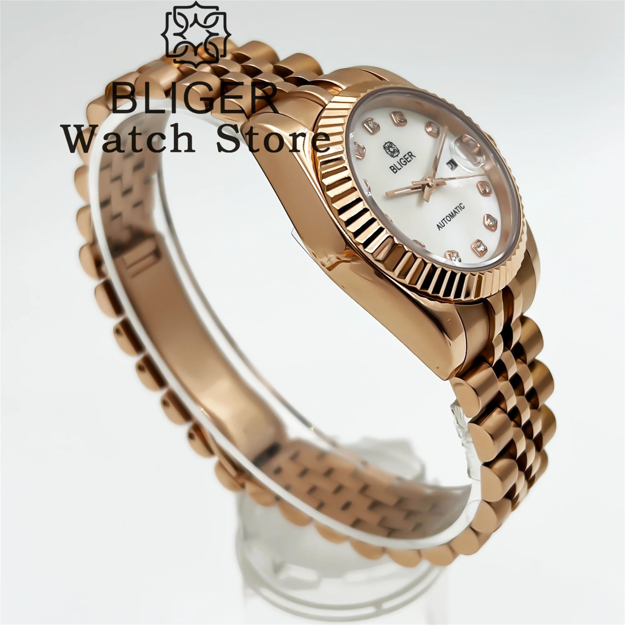 BLIGER 31 مللي متر ارتفع الذهب سيدة ساعة أوتوماتيكية NH05 حركة تاريخ شل الهاتفي منحني مخدد الحافة الياقوت الزجاج مقاوم للماء الساعات