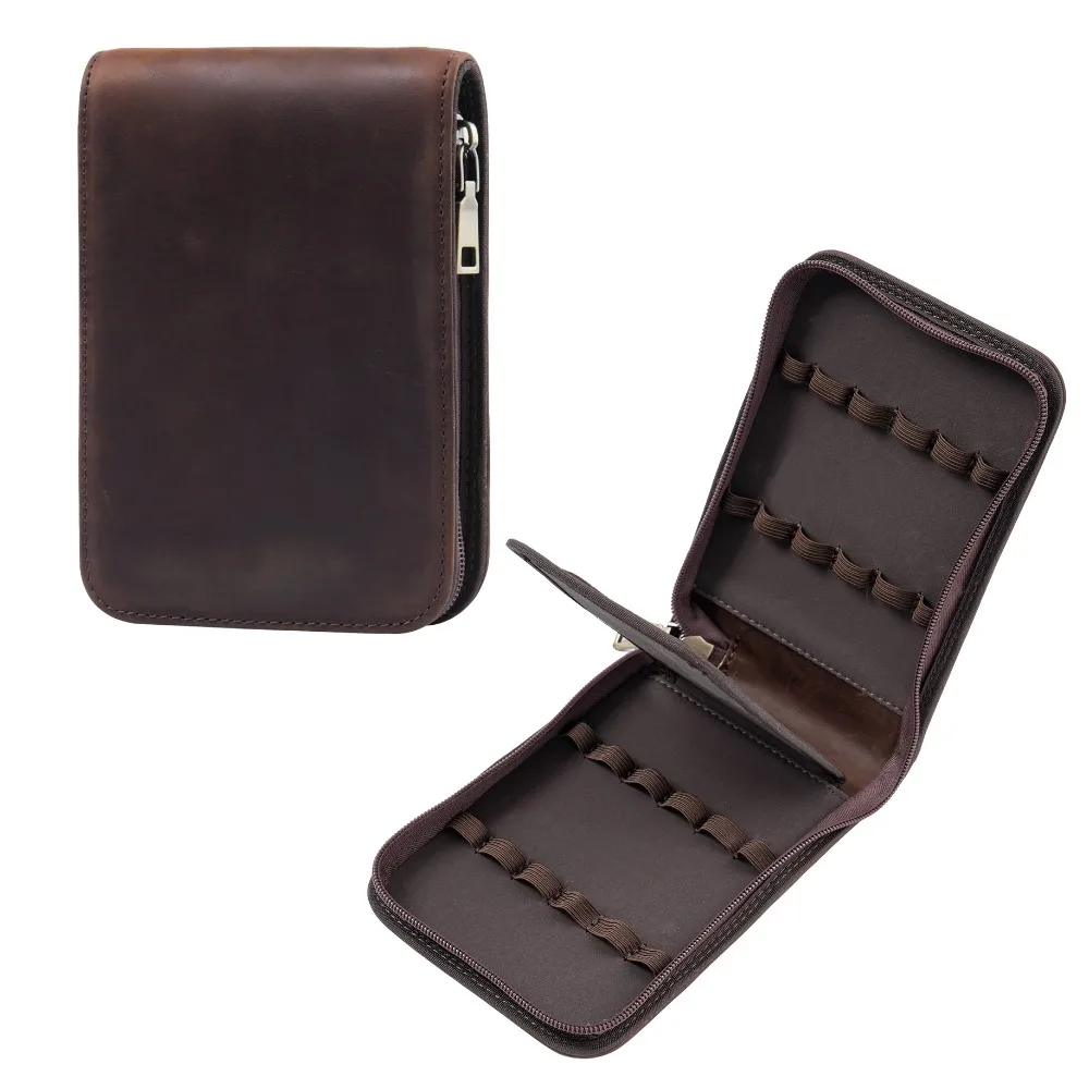 Crazy Horse Cowhide 12 Grid Pen Zipper Storage Bag with Ancient Style, Multiple Supports, Large Capacity, Multi Functional Stati
