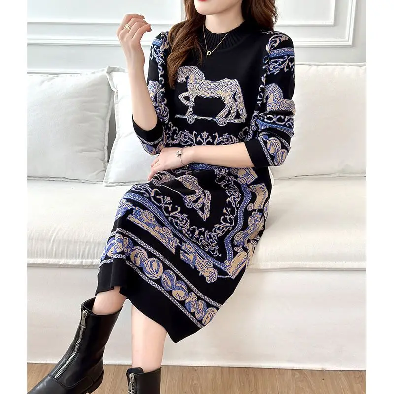 Vestidos de punto de tejido Jacquard para mujer, manga larga, vestido inferior femenino hasta la rodilla, negro, alta calidad, nueva moda, 2024