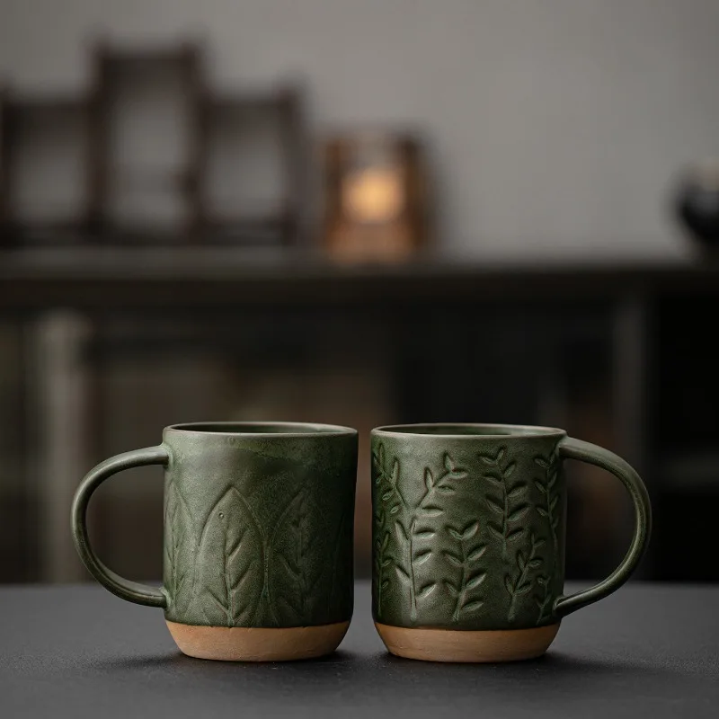 Japanese Retro Relief Ceramic Mug Aono Green Glaze Vintage Stoneware Coffee Cup High Aesthetic Office Water Cup