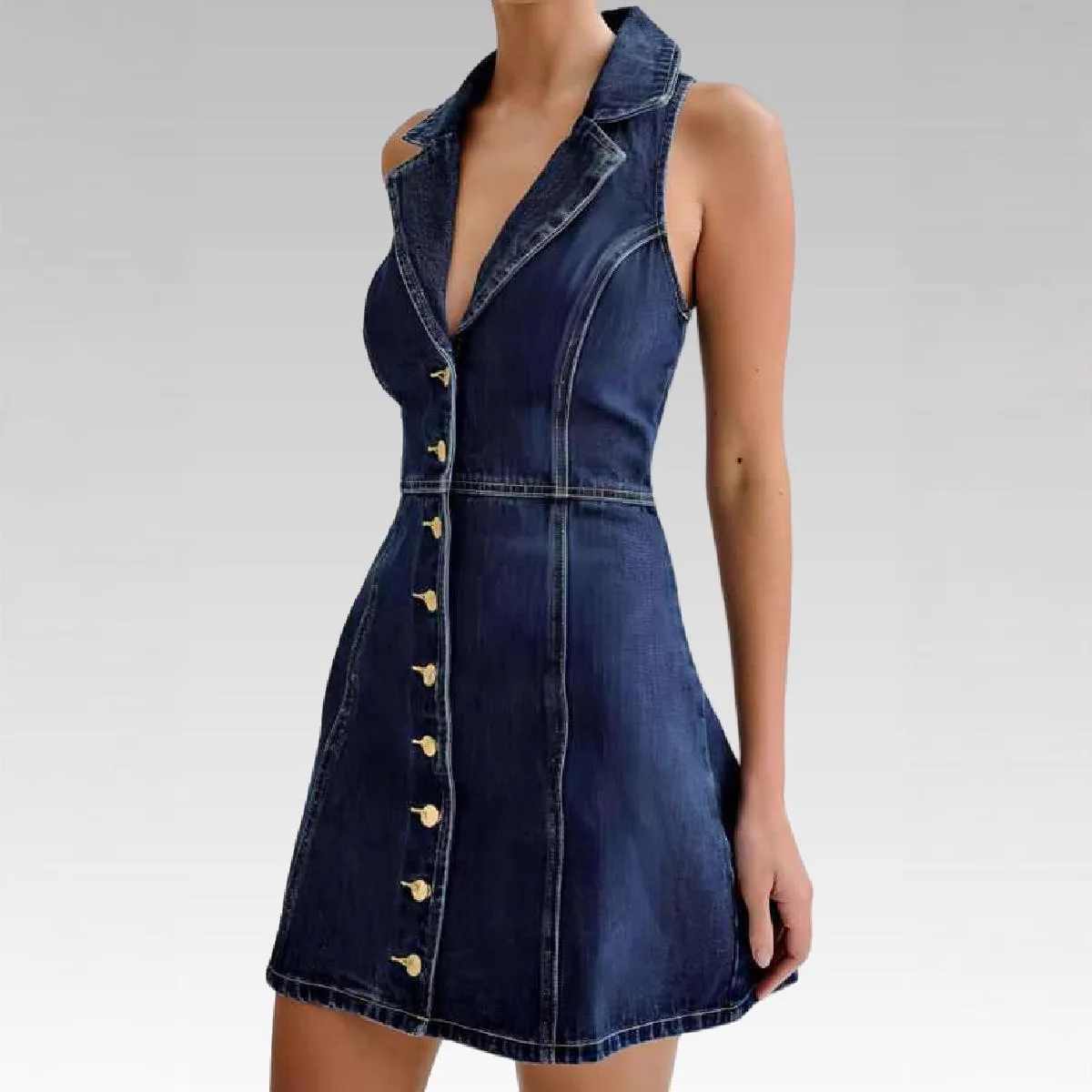 Vestido vaquero tipo peto para mujer, de verano, con cuello halter, escote bajo, solapa, abotonado, estilo casual chic, falda corta