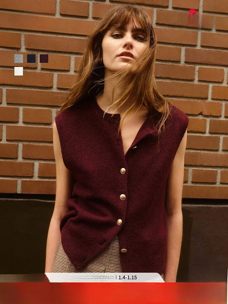 เสื้อกั๊กถักไหมพรมผู้หญิง H&M สไตล์ลำลอง กระดุมเดี่ยว อุ่นสบาย สำหรับฤดูใบไม้ร่วงและฤดูหนาว แฟชั่น โพลีเอสเตอร์ อะคริลิก ขนสัตว์ สแปนเด็กซ์