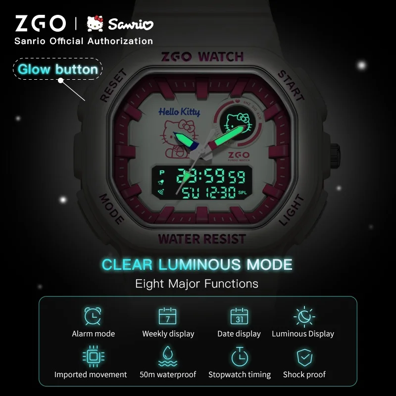 ساعة ZGO Sanrio Hello Kitty Kids للفتيات، ساعة رقمية رياضية مع شاشة عرض مزدوجة متعددة الوظائف هدية 810