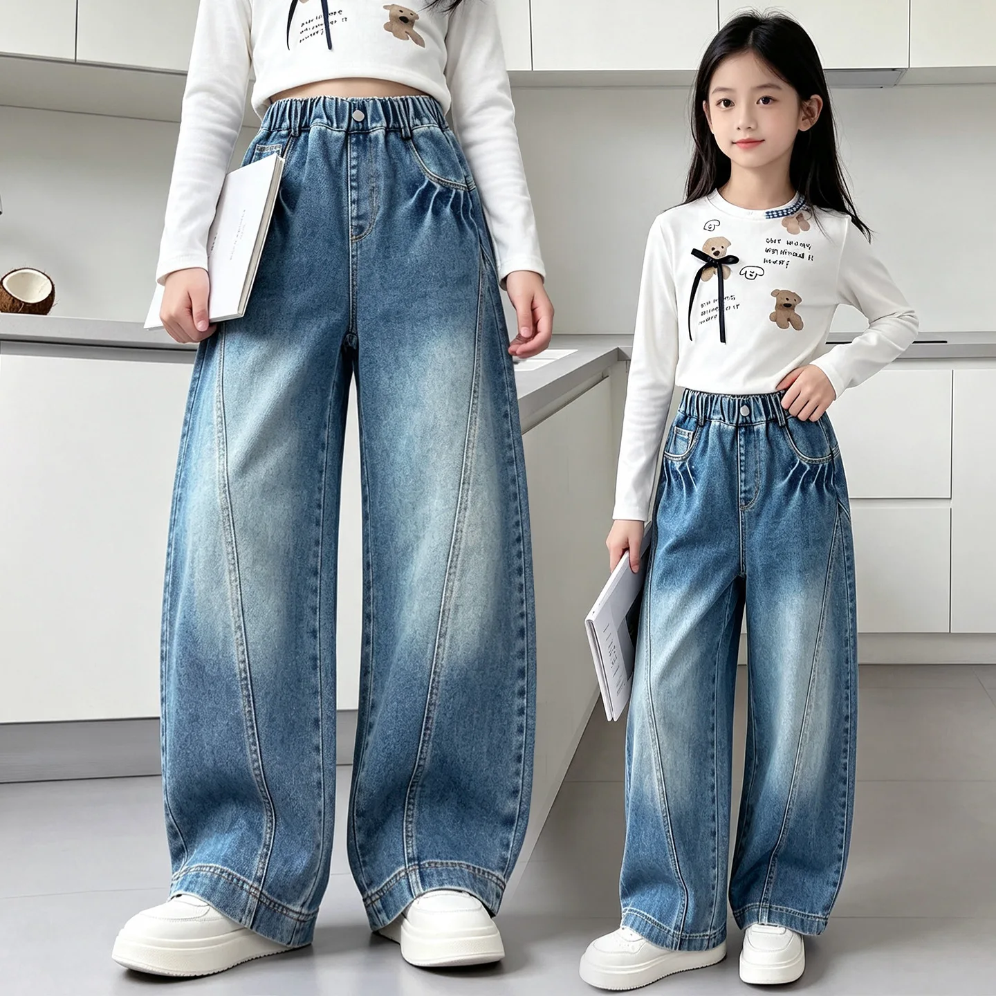 Teens Girl Blue Splicing Jeans New Autumn Fashion Wide Leg Denim Pants Kids Child Spring High Waist Jeans Trousers Age 4 To 14 Y