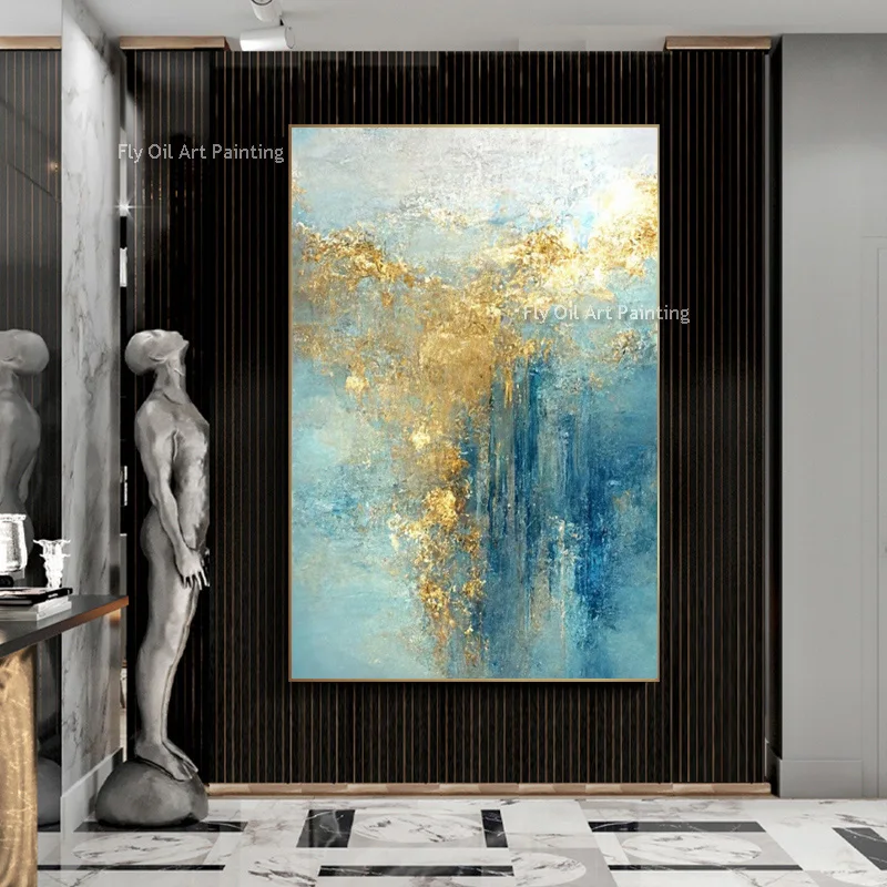 تصميم جديد مرسومة باليد الأزرق الذهبي سميكة قماش النفط اللوحة مجردة الأزرق الداكن الذهب احباط الفني لديكور غرفة المعيشة كهدية