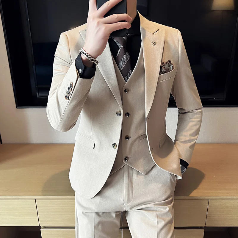 3 Pce Set (Jacket+Vest+Pnats) Fashion Solid Color Blazers Mens Casual Business Suits Gentleman Groom Wedding Dress Party Tuxedo