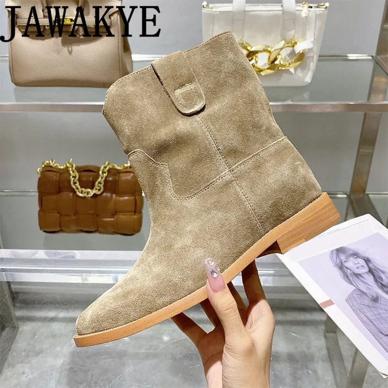 Inner Wedge Heel Ankle Boots For Women Round Toe Casual Comfort Chelsea Boots Genuine Leather Real Suede Leather Shoes Women