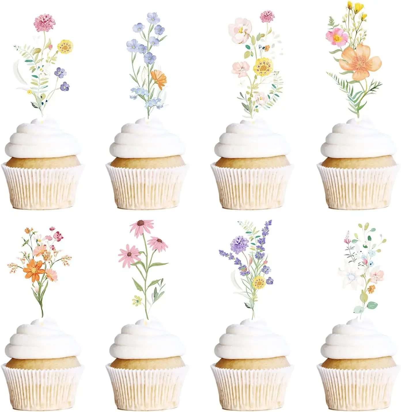 Wildblumen-Geburtstagsparty-Dekoration, 40 Stück, florale Cupcake-Topper, Babyparty, Kuchendekoration, Blumen-Geburtstags-Cupcake-Topper für Mädchen
