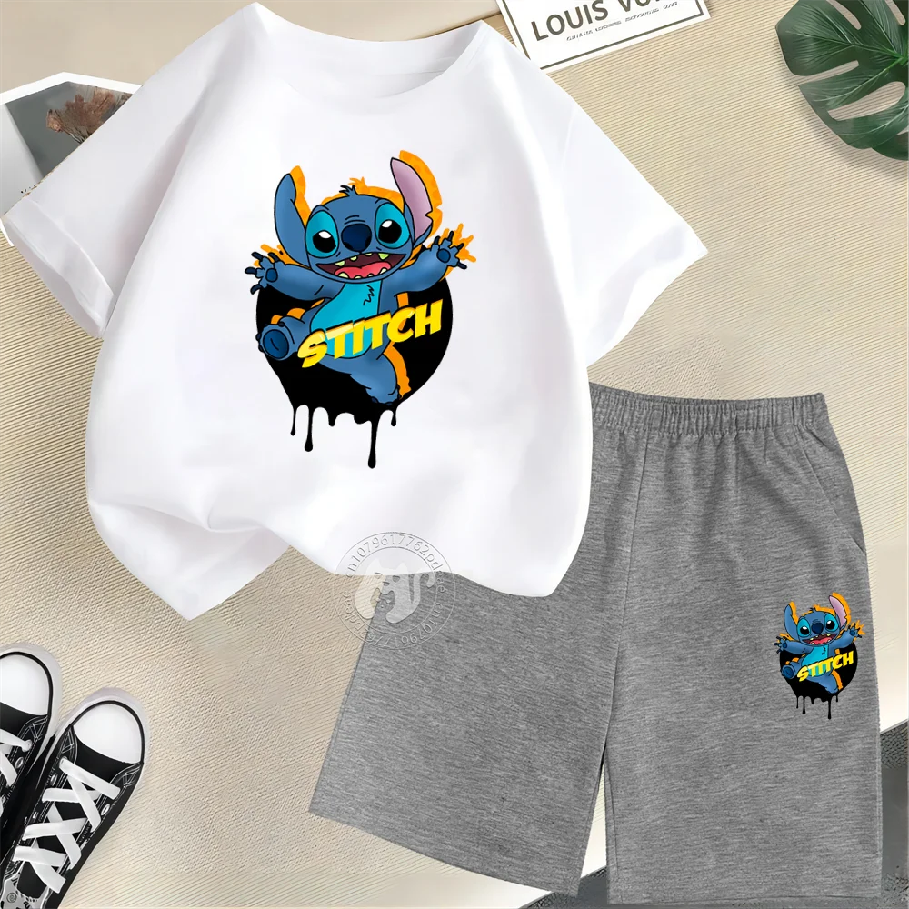 

Summer 100% cotton T-shirt + Shorts Kids Cartoon Creative Graffiti Stitch Fashion Street Boys Girls Casual Comfort set